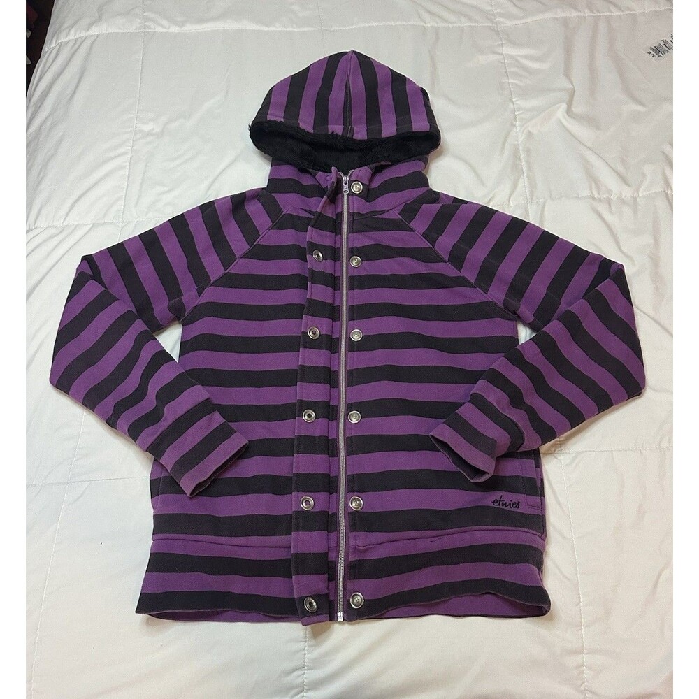 RARE VTG ETNIES Y2K Purple Black Striped Full Zip Fur Lined Hoodie Women’s M